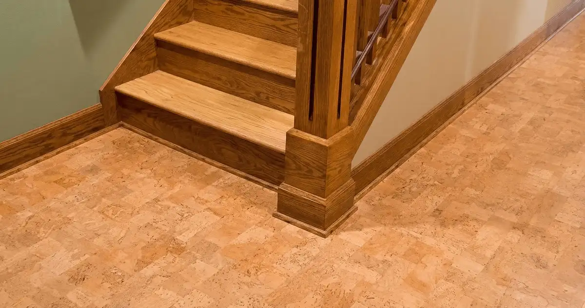 End of a staircase with cork flooring in Pasadena, CA