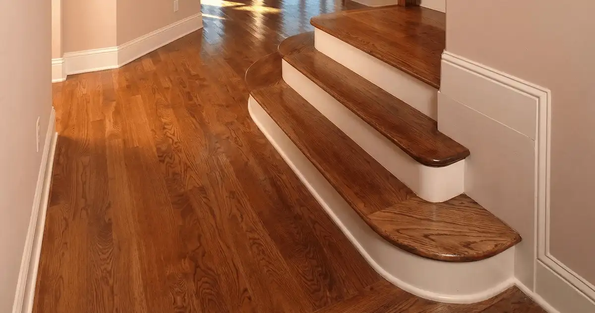 Base floor of a staircase with professionally restored wood flooring in Pasadena CA