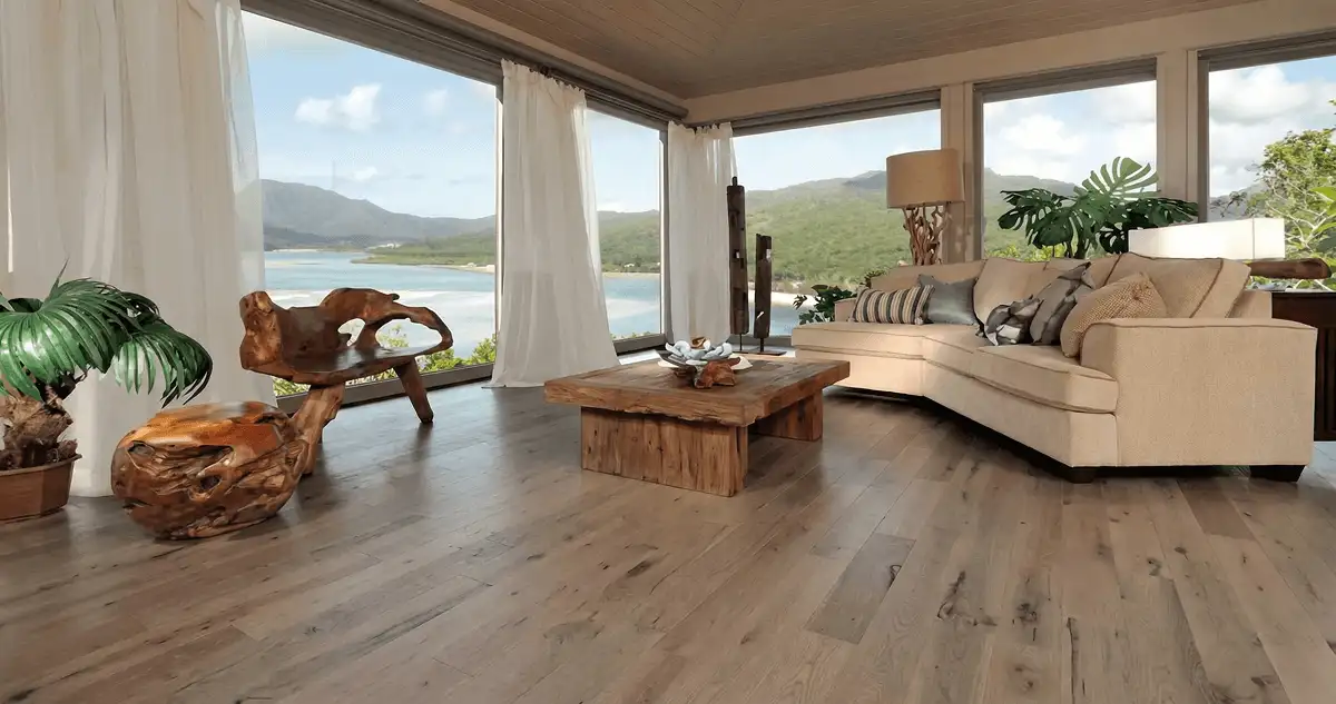 Professionally installed vinyl flooring in a modern living room with large windows in Pasadena, CA