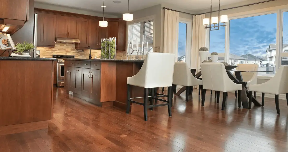 A modern kitchen with professionally installed wood flooring in Pasadena, CA
